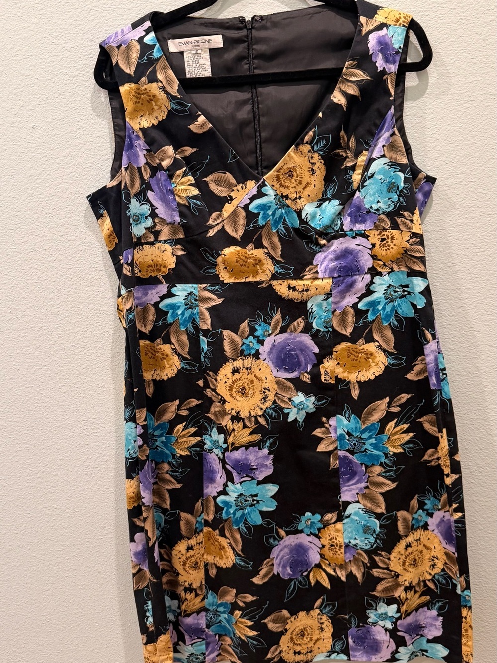 Evan Picone Black Sheath Princess Cut Dress with Yellow/Teal/Purple Floral Print